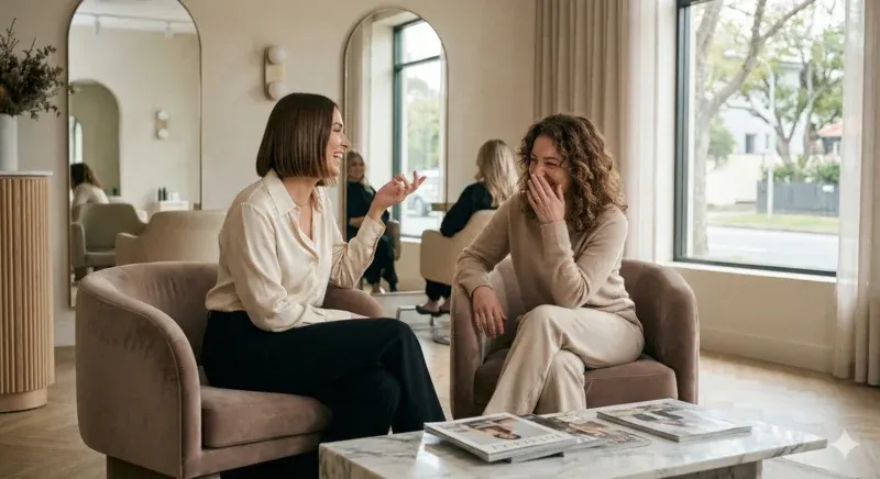 Twee vrouwen in gesprek in de lichte lounge van een salon